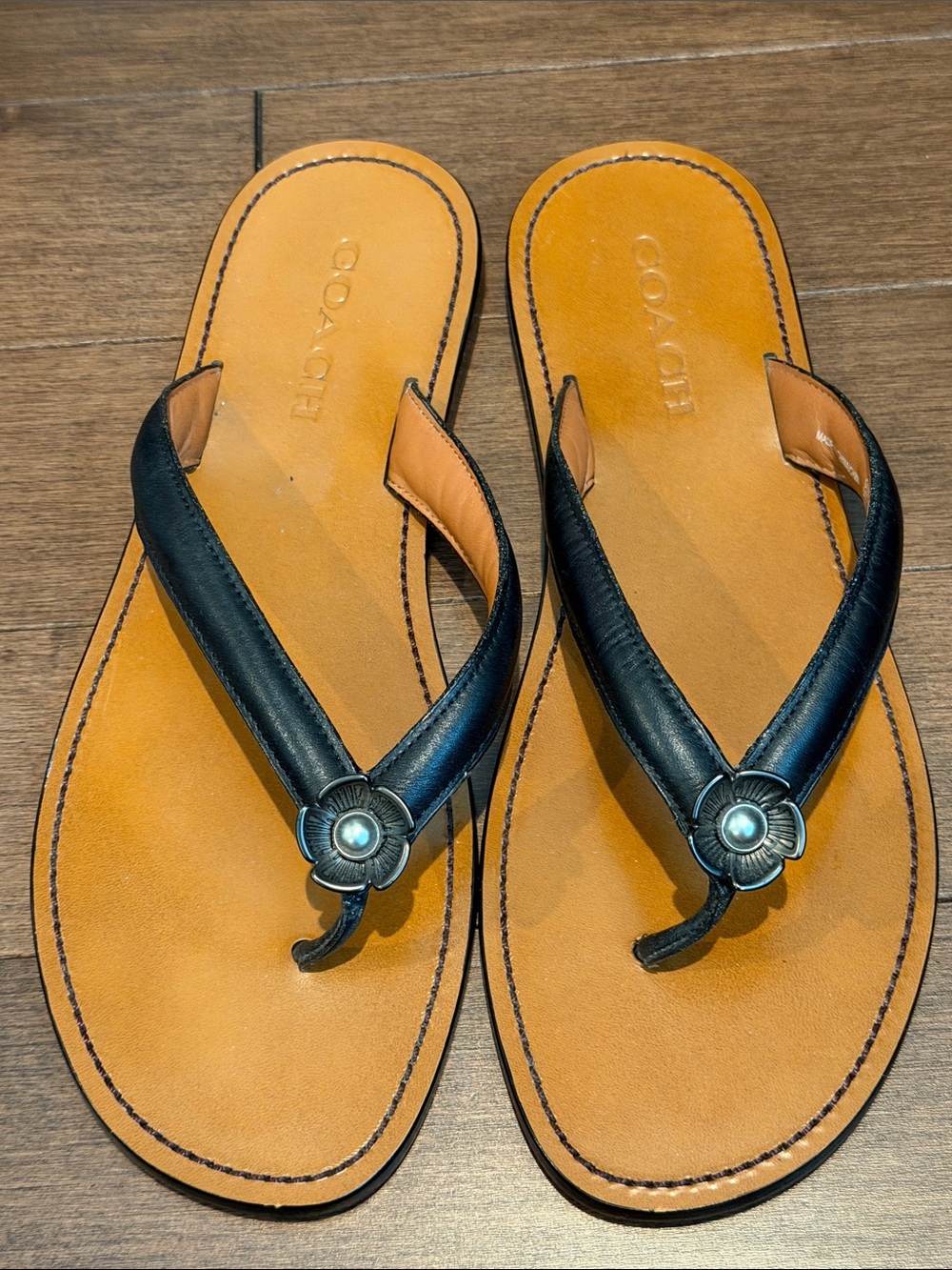 Coach Tea Rose Black Leather Flip Flop Sandal, Size 10
